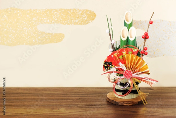 Obraz 正月飾りの門松を部屋に飾る豪華な年賀状背景