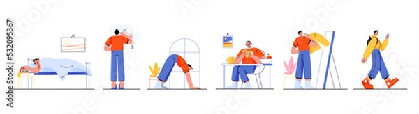 Obraz Morning routine of young man, flat character set. Male waking up, shaving, exercising, eating breakfast, dressing, walking outdoors with gadget in hand. Everyday life vector illustration on white