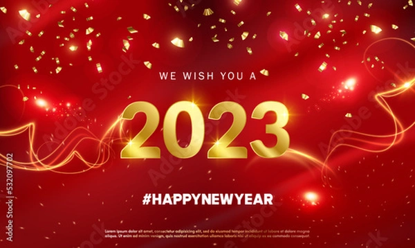 Fototapeta Happy new year 2023 with golden numbers and festive confetti on red background. Shiny party background. New year ornament. Festive premium template for holiday. Greeting Card, Banner, Poster. Vector