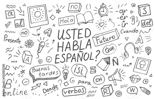 Fototapeta Usted habla español? Interpreter language online. Do you speak Spanish language learning concept vector illustration. Doodle of foreign language education course for home online training study.