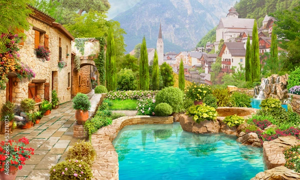 Fototapeta An old Italian courtyard with a pond and a waterfall. Photo wallpapers. The fresco.