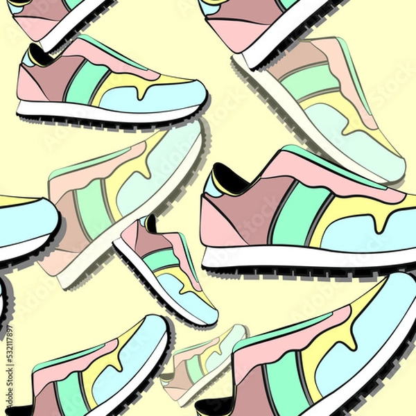 Fototapeta flat vector illustration design of retro sneakers pattern. Can be use for printing media