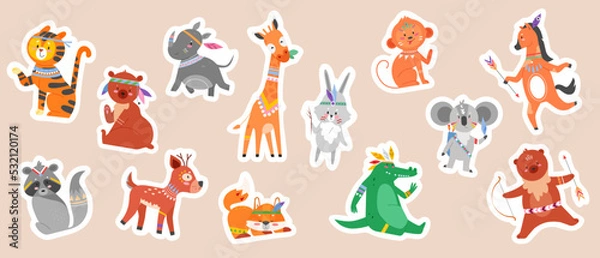 Fototapeta Cute tribal animals from woodland, stickers set vector illustration. Cartoon funny wild forest or zoo characters with arrow and bow, nursery collection background. Nature, culture, design concept