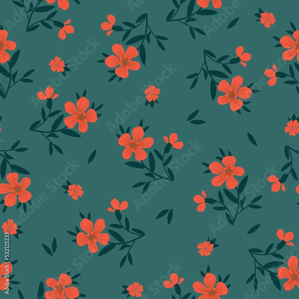 Fototapeta Simple vintage pattern. bright orange flowers. dark green leaves. green background. Fashionable print for textiles and wallpaper.