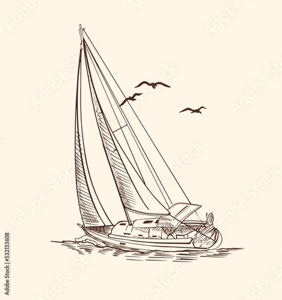 Obraz Sailboat in the sea, summer adventure, active vacation. Seagoing vessel, marine ship or nautical caravel. water transport in the ocean for sailor and captain. engraved hand drawn in vintage style.