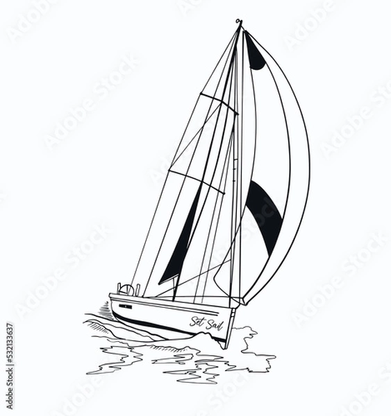Fototapeta Sailboat in the sea, summer adventure, active vacation. Seagoing vessel, marine ship or nautical caravel. water transport in the ocean for sailor and captain. engraved hand drawn in vintage style.