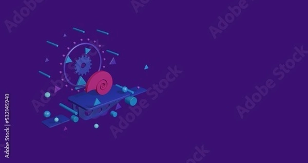 Fototapeta Pink marine nautilus symbol on a pedestal of abstract geometric shapes floating in the air. Abstract concept art with flying shapes on the left. 3d illustration on deep purple background