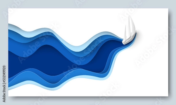 Obraz Paper cut sail boat over sea wave vector