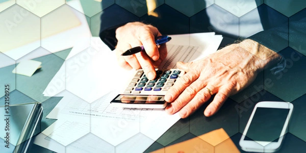 Fototapeta Hand using calculator, accounting concept, geometric pattern