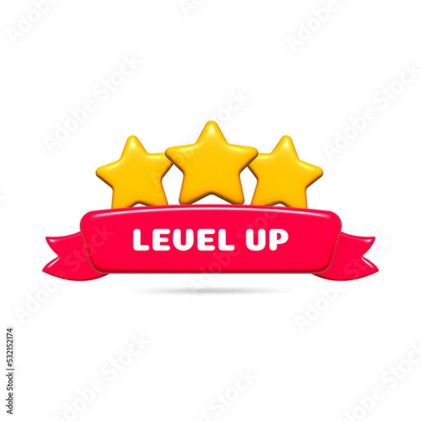 Obraz Level up reward vector badge illustration. Golden stars with red ribbon isolated on white background. Mobile game UI cartoon design element.