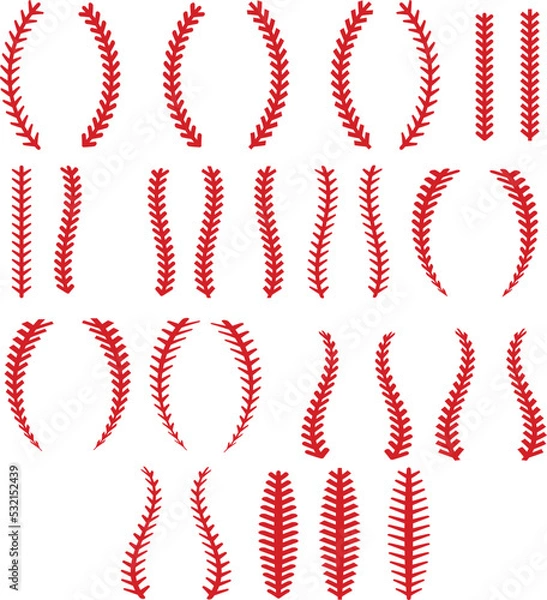 Fototapeta red stitches of baseball Stitch. red stitch or stitching of the baseball. red lace seam sign. flat style.