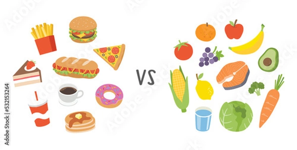 Obraz Healthy vs unhealthy food. Concept of choice between  fast food vs balanced menu comparison. Healthy vs unhealthy food concept.