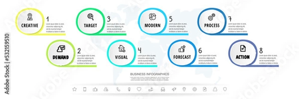 Fototapeta Modern infographics vector template. Business data visualization. White process chart. Simple design with 8 circles, steps, options, parts or processes.