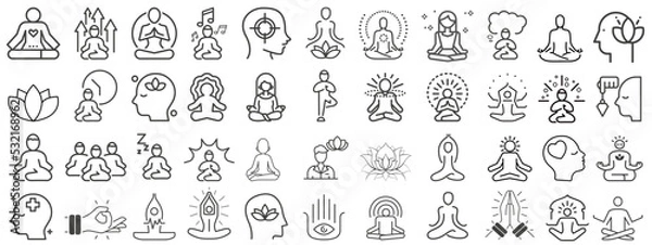 Fototapeta Meditation and spiritual practices icon collection.
line icons of meditation bundle set.