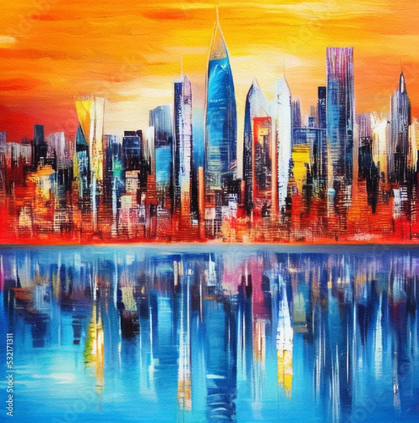 Obraz Oil painting skyscrapers cityscape panorama in modern post impressionism palette knife style. Banner, canvas, poster, print design. Trendy wall art print. Acrylic paint towers and houses facades