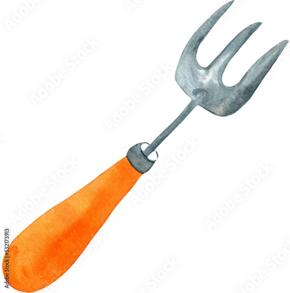 Obraz Watercolor garden tool isolated on white. Garden fork with orange handle.