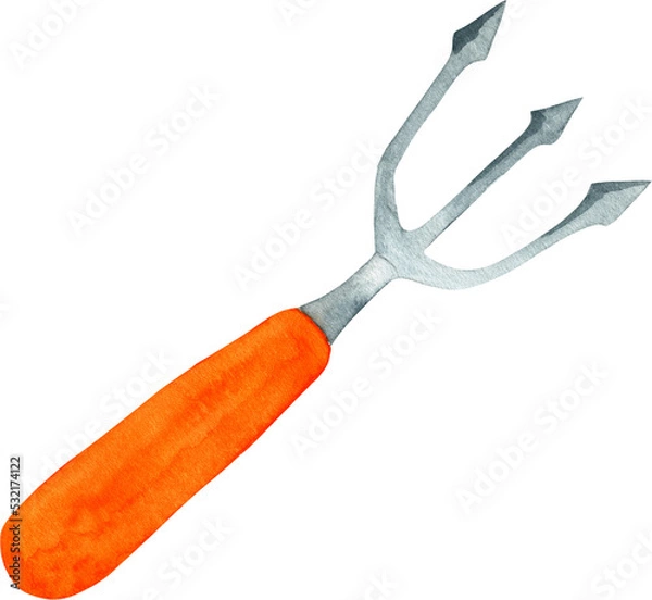 Obraz Watercolor garden fork with orange handle isolated