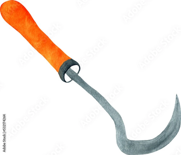 Obraz Watercolor garden tool. Hack with orange handle isolated