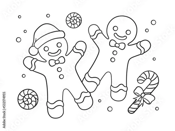 Fototapeta Gingerbread man cookies with peppermint and candy cane outline line art doodle cartoon illustration. Winter Christmas theme coloring book page activity for kids and adults.