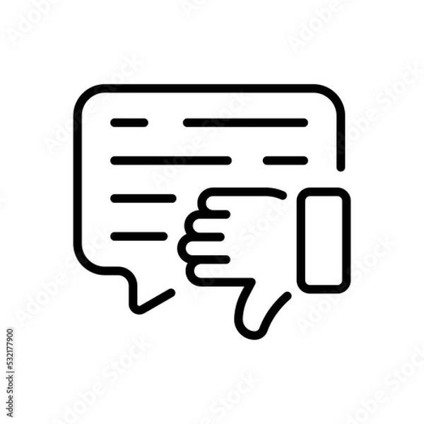 Fototapeta Speech Bubble with dislike line icon. Review, rating, emoticon, thumb down, bad mood, comment, click, rate the level of service. Impression concept. Vector black line icon on a white background