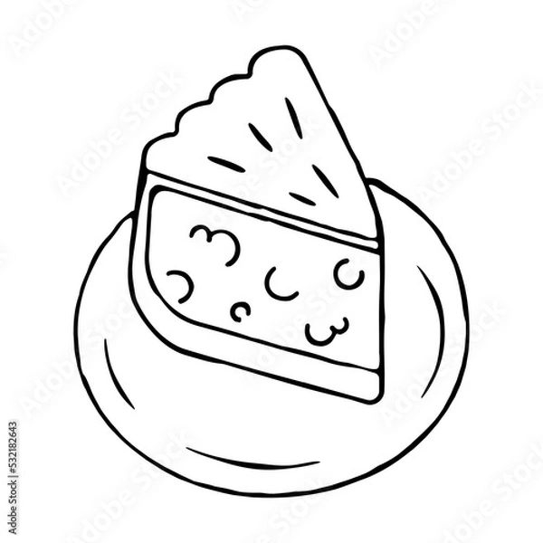 Fototapeta Pie slice doodle isolated on white background. Hand drawn charlotte. Vector illustration. Tart ink sketch. Simple childish outline style. Food dessert baking icon for menu, packaging, graphic design