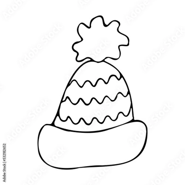 Fototapeta Autumn hat doodle isolated on white background. Hand drawn vector illustration. Winter pompom knit cap. Monochrome outline clip art. Warm clothes ink sketch. Simple headdress icon