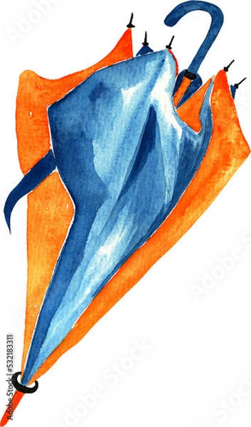 Obraz Watercolor bright orange blue rain umbrella isolated