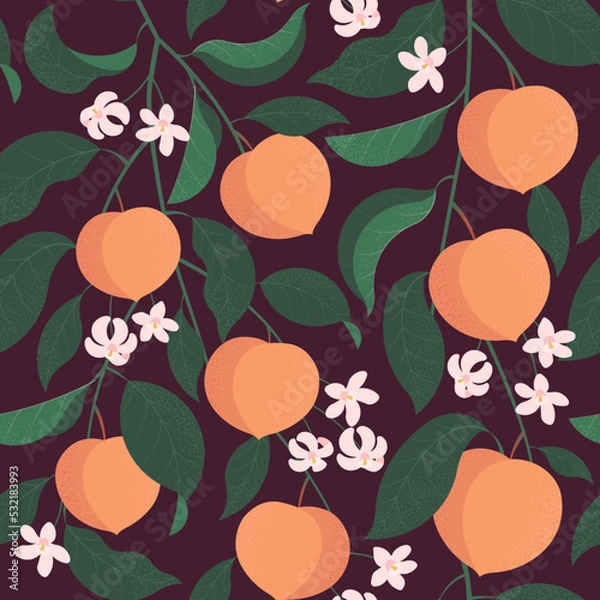 Fototapeta seamless pattern with peach branches with leaves and flowers on dark background