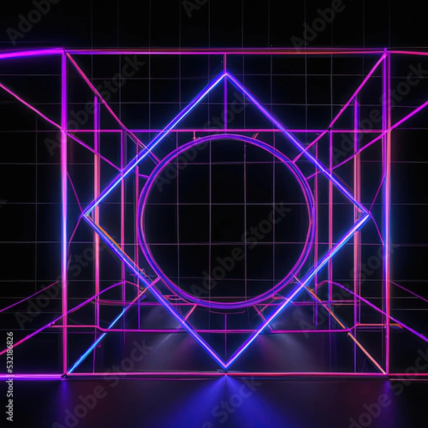 Obraz 3d abstract neon background, geometric background with polygonal structure, cyber space virtual reality, Podium show products, place for product, colored neon lights, retro sci-fi style