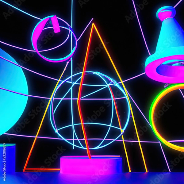 Obraz 3d abstract neon background, geometric background with polygonal structure, cyber space virtual reality, Podium show products, place for product, colored neon lights, retro sci-fi style