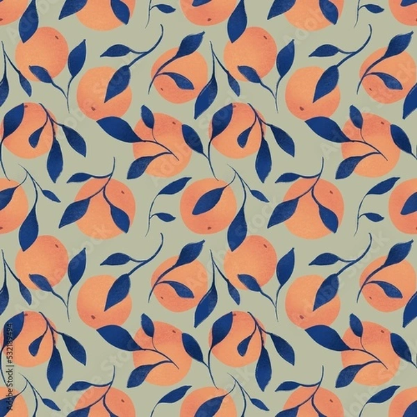 Fototapeta vintage seamless pattern with orange citrus and blue leaves