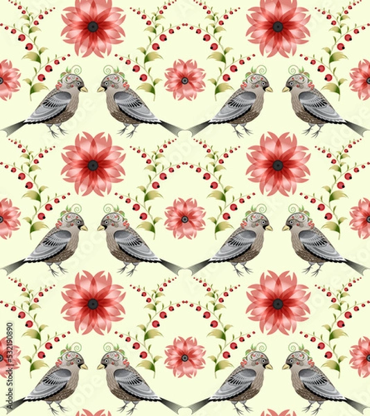 Fototapeta Seamless pattern with birds and flowers in folk style