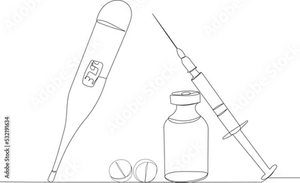 Fototapeta thermometer and medicines one line drawing, sketch vector