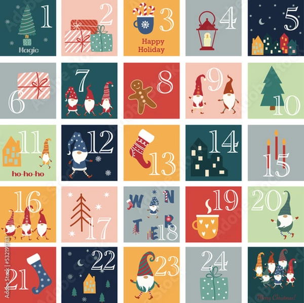 Obraz Christmas advent calendar - 25 hand drawn cards is a December countdown calendar vector illustration, christmas eve creative winter set with numbers.