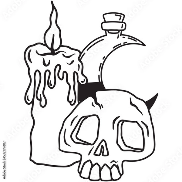 Fototapeta Hand drawn magical composition with a candle, a skull and a potion