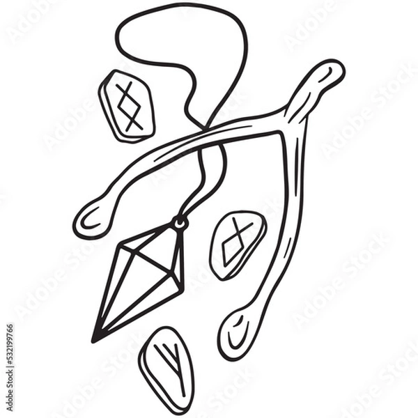 Fototapeta Hand drawn magical composition of an amulet, a wish bone and runes
