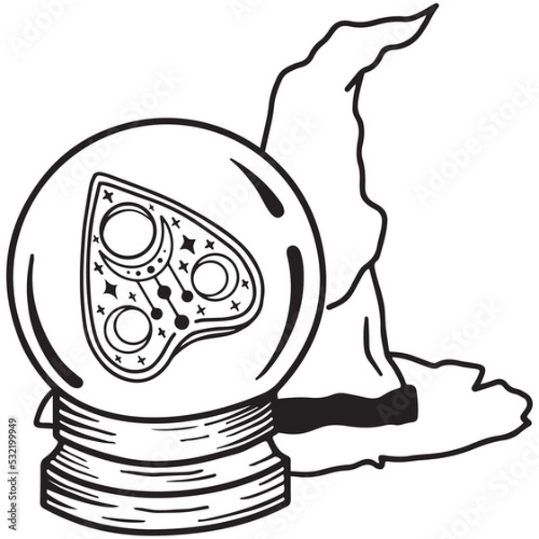Fototapeta Hand drawn magical composition of a mystical fortune-telling ball with a Ouija Board and a witch's hat
