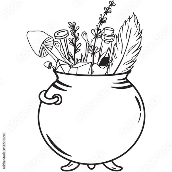 Fototapeta Hand drawn magical composition with a witch's cauldron and potion ingredients