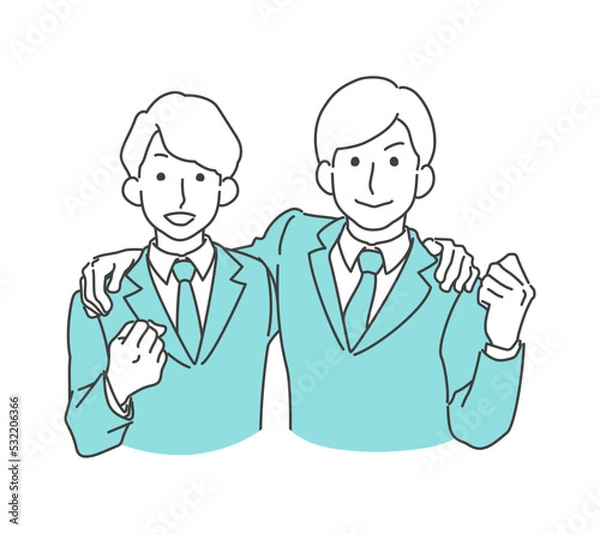 Fototapeta 肩を組む、笑顔でガッツポーズするスーツの男性