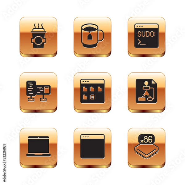 Fototapeta Set Coffee cup to go, Laptop, Browser window, files, Computer monitor screen, Code terminal, Processor with microcircuits CPU and Cup tea tea bag icon. Vector