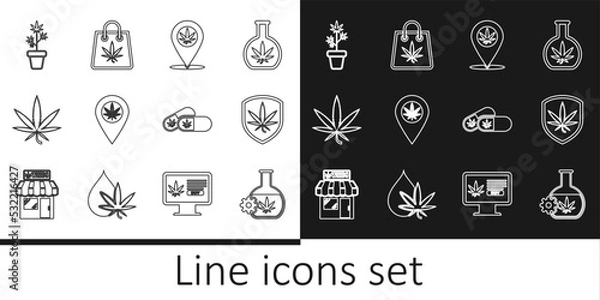 Fototapeta Set line Test tube with marijuana, Shield and, Location, Marijuana or cannabis leaf, plant in pot, Medical pills and Shopping bag of icon. Vector