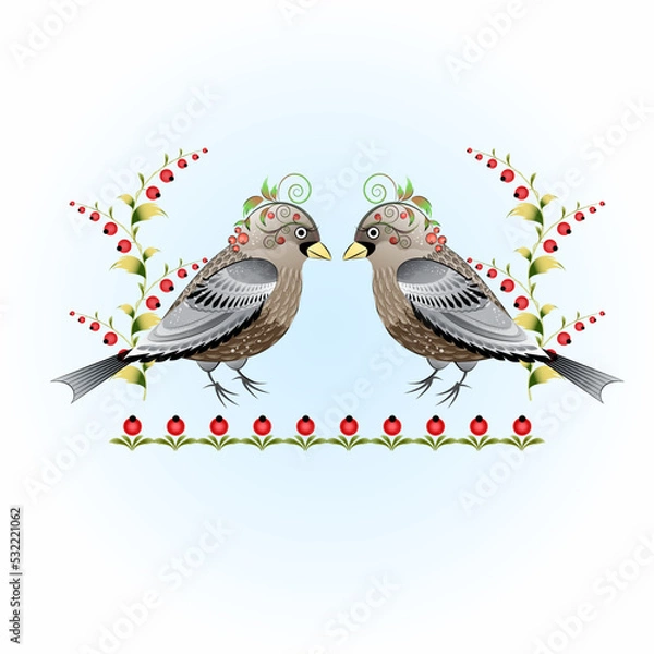 Fototapeta Two decorative sparrows on the background of red berries in folk style
