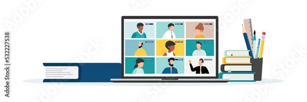 Fototapeta Home education concept. People study at home using a computer. Remote working. Video conference on laptop computer. Work from home and work from anywhere concept Vector.