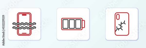Fototapeta Set line Mobile with broken screen, Waterproof phone and Battery icon. Vector