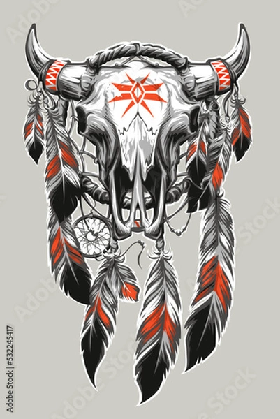 Fototapeta Native American  bull skull with feathers and dream catcher