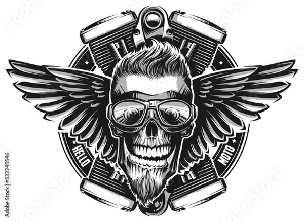 Fototapeta Skull with motorcycle engine and wings