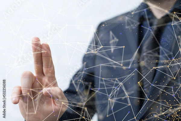 Fototapeta Businessman using data network with his fingers