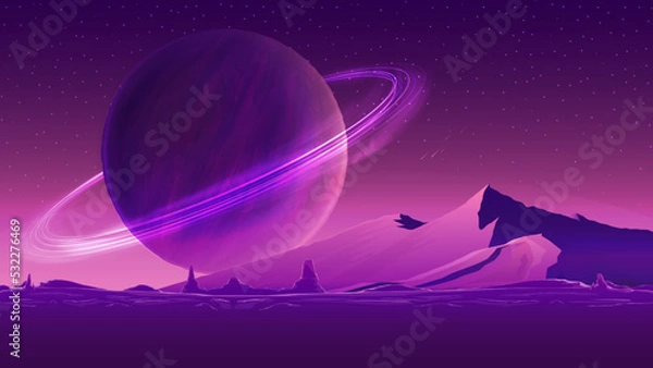 Obraz Nature on another planet with a huge planet on the horizon. Mars purple space landscape with large planet on purple sky