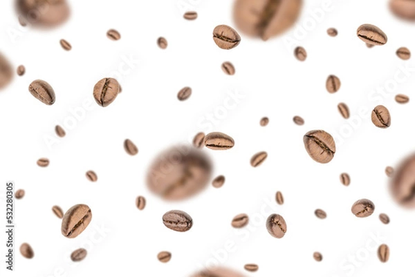 Fototapeta Coffee falling bean background. Black espresso coffee bean flying on white. Aromatic grain fall isolated. Represent breakfast for energy and freshness concept.