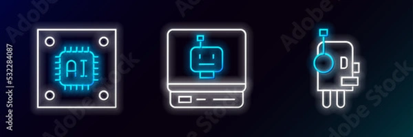Obraz Set line Robot, Processor with microcircuits CPU and icon. Glowing neon. Vector